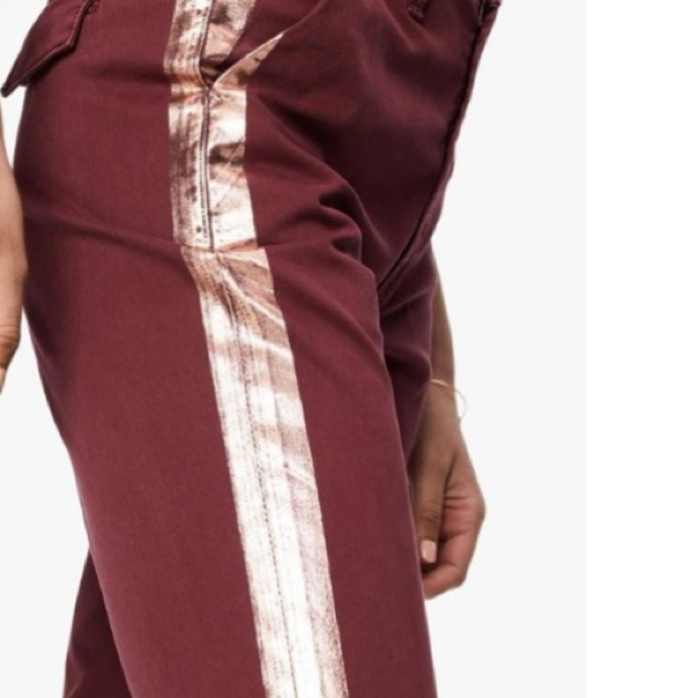 MOTHER The Shaker Metallic-Stripe Cropped Frayed Merlot Sporty Luxe Style Pants - Picture 3 of 16